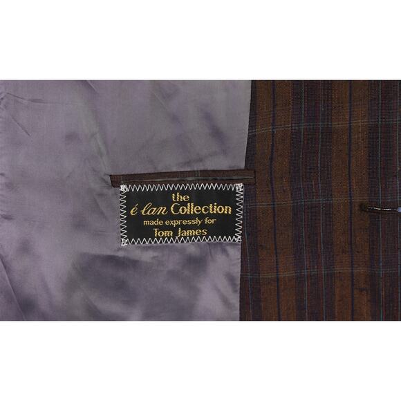 Tom James Vintage 80s Burgundy Brown Plaid Raw Silk 2-Btn Blazer Jacket 46R - Picture 8 of 9
